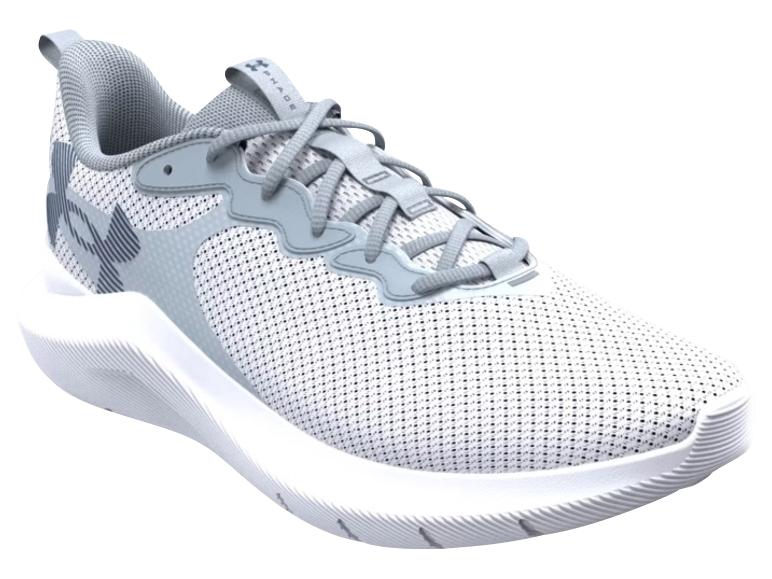Weiße und graue Schnür-Sportschuhe mit atmungsaktivem Mesh-Design.