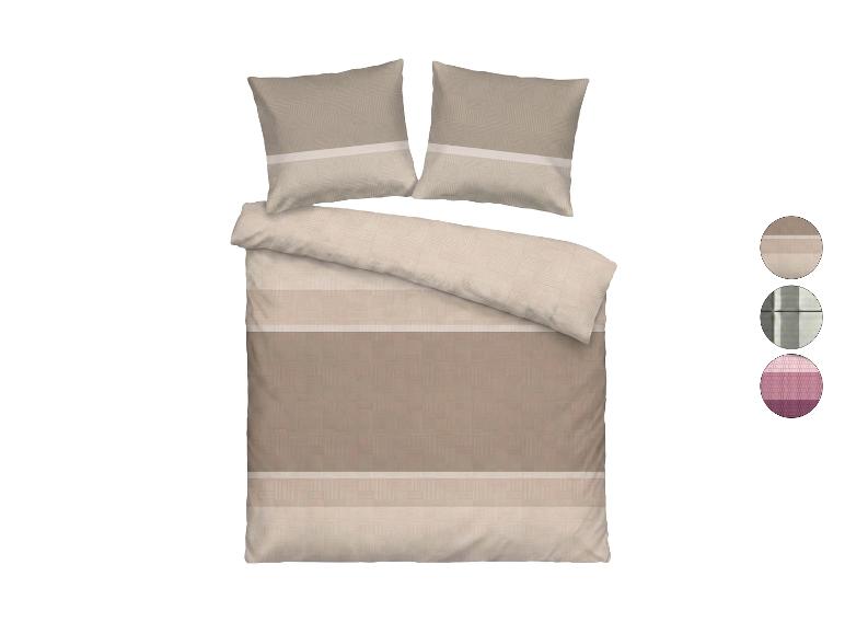Beige und braune Bettwäsche mit geometrischem Muster und Streifen, mit Farbmustern.
