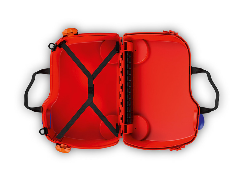 Ein offener roter Koffer mit einem schwarzen Gurt.