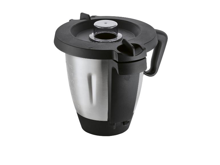 Edelstahl-Mixerkrug mit schwarzem Deckel und Griff.