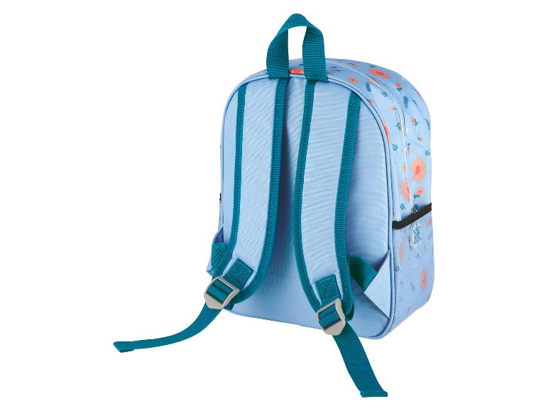 Hellblauer Kinderrucksack mit Blumenmuster.