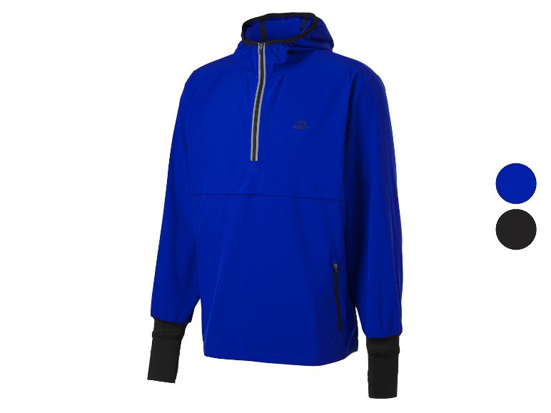 Blaue Herren-Anorakjacke mit schwarzen Bündchen und halbem Reißverschluss.