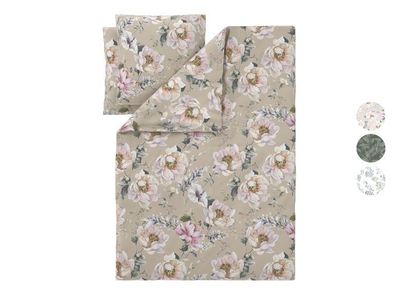 Bettwäsche-Set mit Blumenmuster in Beige, mit drei Farbmustern daneben.