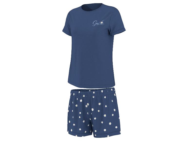 Marineblauer Damen-Kurzarmpyjama mit Gänseblümchen-Shorts und „Smile“-Schriftzug.