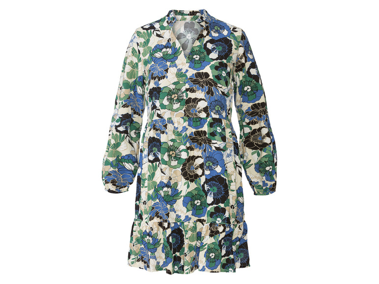 Ein langes, weißes Kleid mit blauem und grünem Blumenmuster.