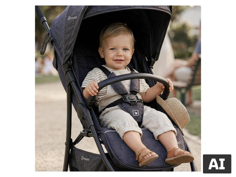 Kleinkind im BABYGO Kinderwagen Style im Freien. [KI-generiertes Bild]