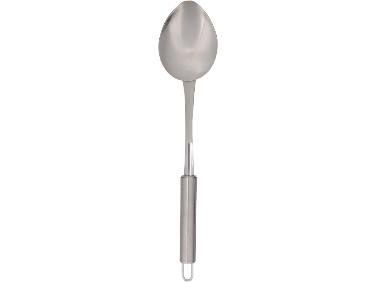 Metall-Schöpfkelle mit zylindrischem Griff und Aufhängeöse.
