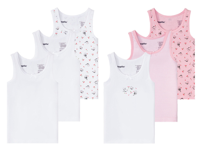 Lupilu Mädchen-Tanktops mit verschiedenen Prints, darunter gestreift, unifarben weiß und mit Vögeln.