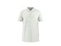 Weißes Damen-Poloshirt mit kurzen Ärmeln und Kragen mit braunen Streifen.