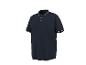 Dunkelblaues Herren-Poloshirt mit weißen Streifen an Kragen und Ärmeln.