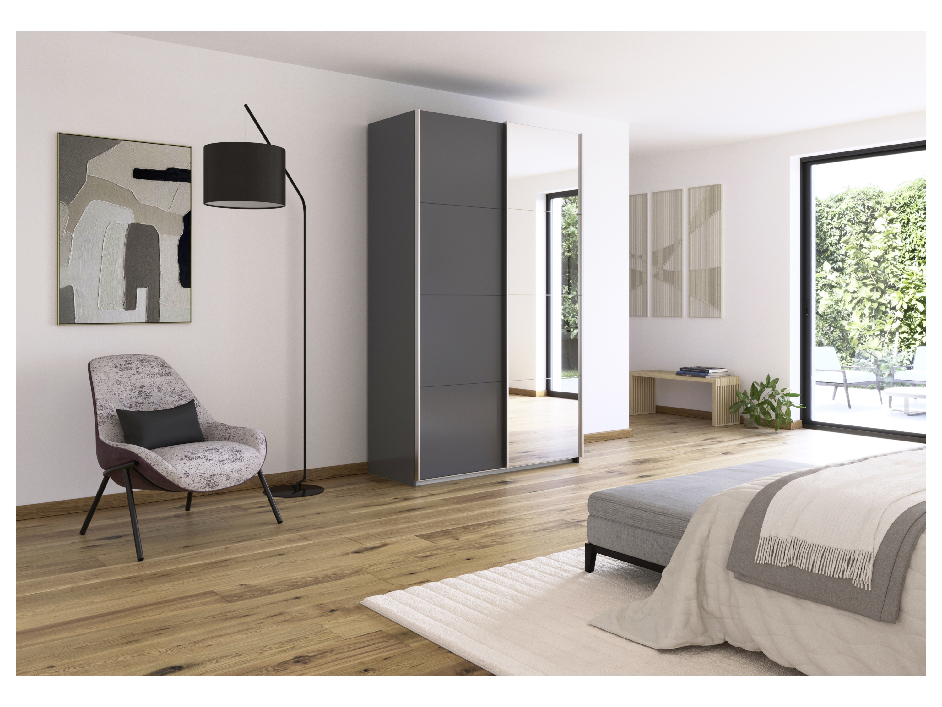 RAUCH ORANGE Quadra Schwebetürenschrank mit Spiegelelementen (Classic-Zubehör, Korpus: Graumetallic, 136 x 230 cm) – Bild 2 von 4
