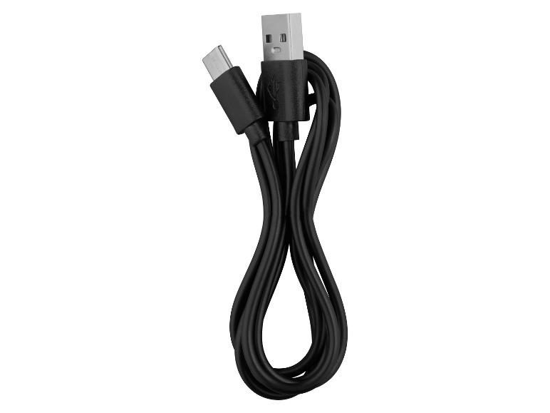 Schwarzes USB-Kabel mit USB-A- und USB-C-Anschlüssen, aufgerollt.