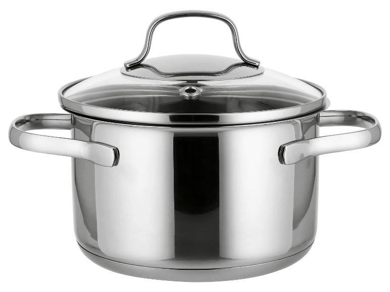 Edelstahltopf mit Glasdeckel und Griffen.