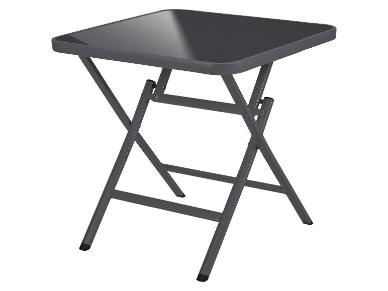 Grauer quadratischer Klapptisch mit Glasplatte, ideal für kleine Räume.