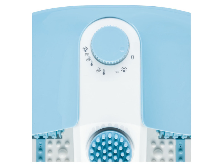 Blaues Fußbad mit Massagefunktion und Temperaturregelung.