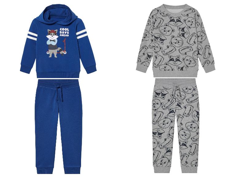 Kinder-Trainingsanzug: blaue Kapuzenjacke mit Waschbär-Motiv und graue Hose mit Tierprint.