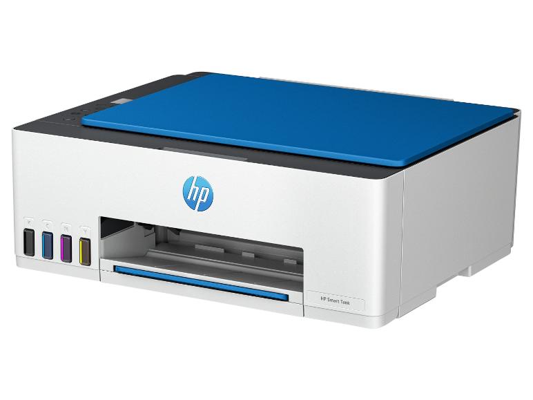 Weißer Multifunktionsdrucker mit blauem Deckel und sichtbaren Tintentanks.