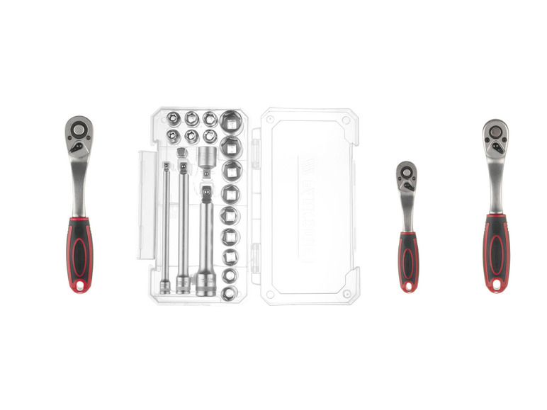 Ein Satz Ratschen mit verschiedenen Aufsätzen in einer Box.