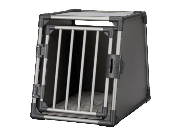 Graue Aluminium- und Kunststoff-Hundetransportbox mit Gittertür