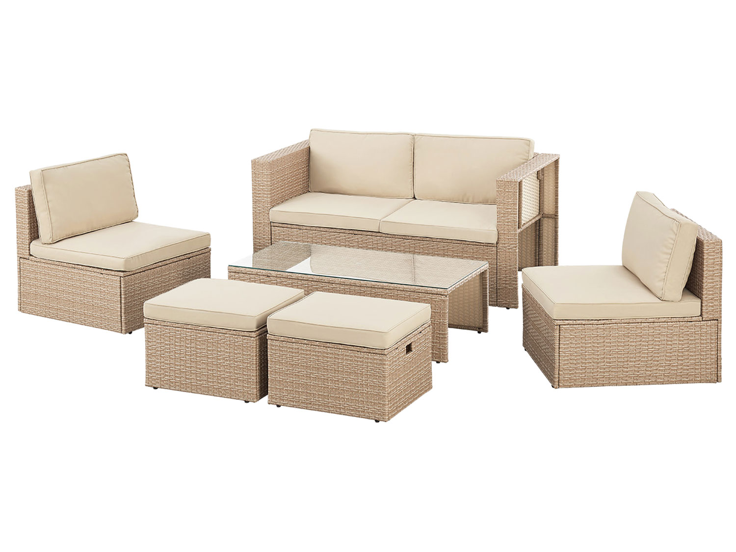 Juskys Polyrattan Lounge Salou (creme/sand)““ | ideal für den Einsatz im Außenbereich. Die Bezüge sind abnehmbar und waschbar. Die weich gepolsterten Rücken- und Sitzkissen der Garten-Garnitur sorgen für einen hohen Komfort über viele Stunden hinweg. Der pulverbeschichtete Stahl ist kratzfest und erlaubt eine hohe Belastbarkeit der Möbelstücke von bis zu 160 kg pro Sitzplatz. Die geradlinige Gestaltung und das trendige Polyrattan-Geflecht bieten eine moderne & elegante Optik. Als Hingucker in jedem Garten. Produktmerkmale tabletd Serie: Salou Set: 6-teilig Funktion: robust und kratzfest Witterungsbeständig: ja Material: Polyrattan, Stahl pulverbeschichtet