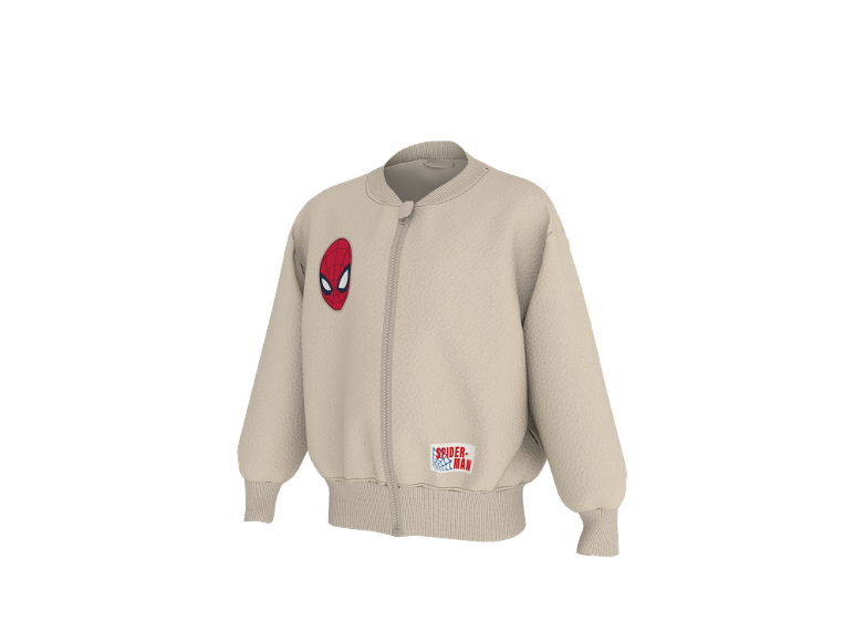 Beige Kinder-Bomberjacke mit Spider-Man-Aufnäher und Logo.