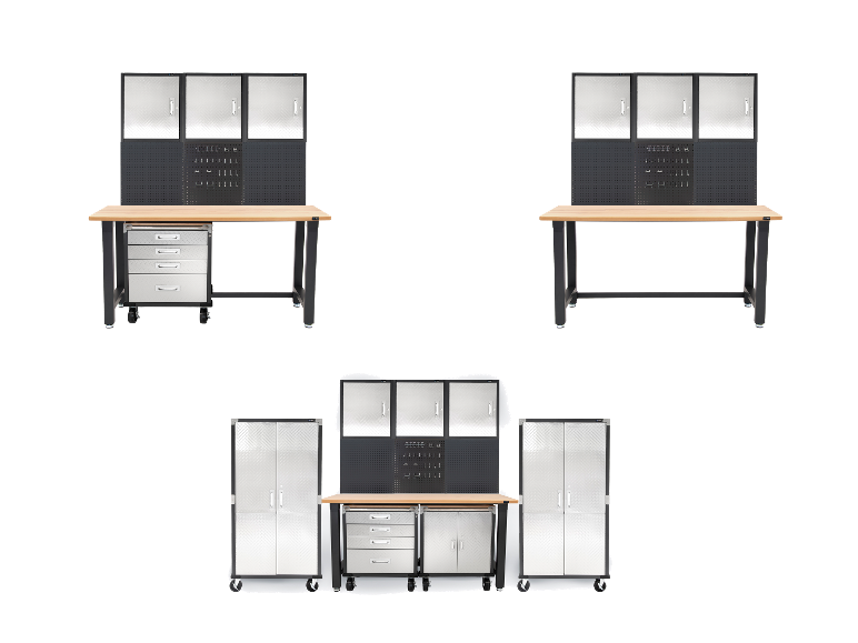 Drei Sets Garagen-Aufbewahrungssysteme mit Werkbänken und Schränken