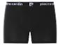 Schwarze Herren-Boxershorts mit weißem Gummibund mit Text und Logo.