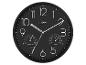 Schwarze Wanduhr mit integriertem Thermometer und Hygrometer, große weiße Ziffern.