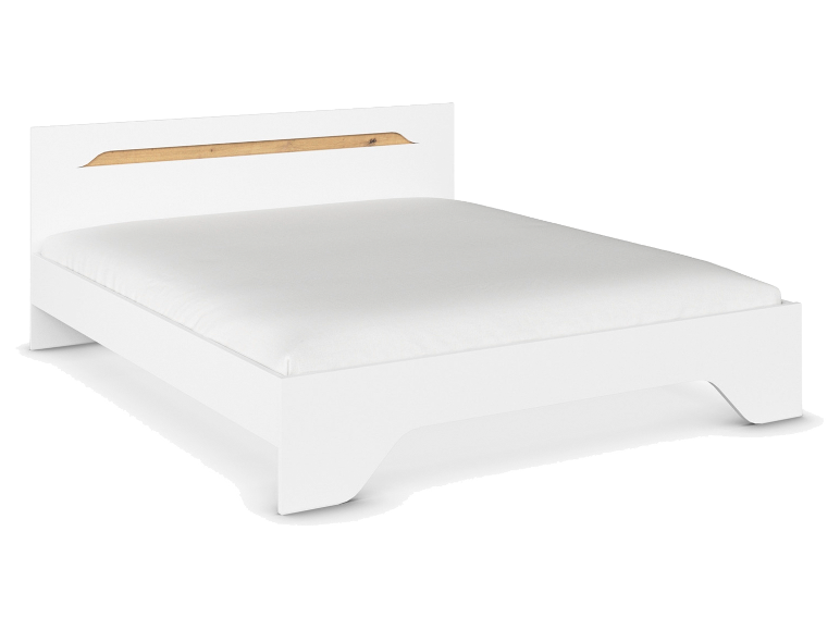 Weißes Bettgestell mit Holz-Akzent am Kopfteil und weißer Matratze.