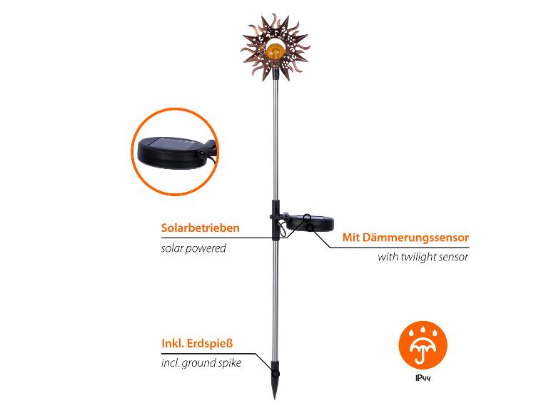 Solarbetriebene Gartenleuchte mit Sonnendekor, Dämmerungssensor und Erdspieß, IP44.