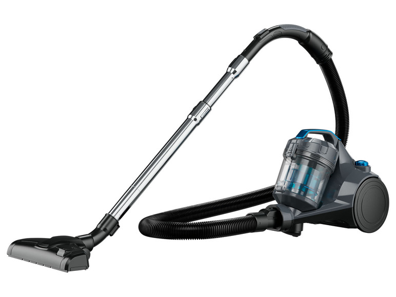 Ein grauer Staubsauger mit Teleskoprohr und einem transparenten Staubbehälter.