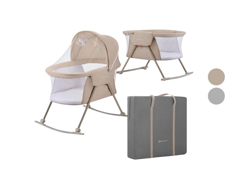 Faltbare und tragbare beige Babywiege, mit Tragetasche.