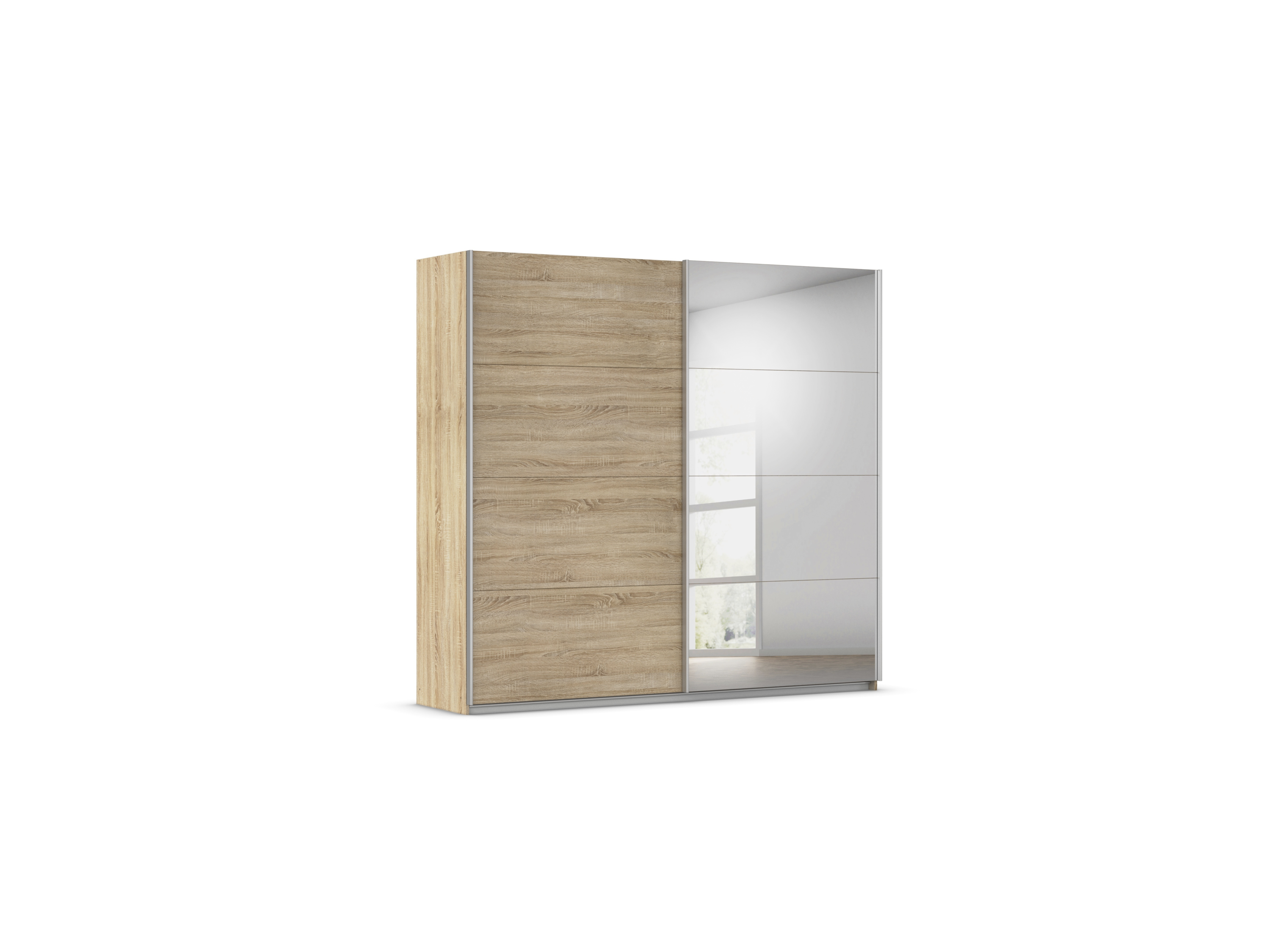 RAUCH ORANGE Quadra Schwebetürenschrank mit Spiegelelementen (Premium-Zubehör, Korpus: Eiche, 226 x 210 cm)