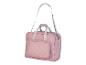 Rosa gepunktete Tasche mit Schultergurt und Tragegriffen.
