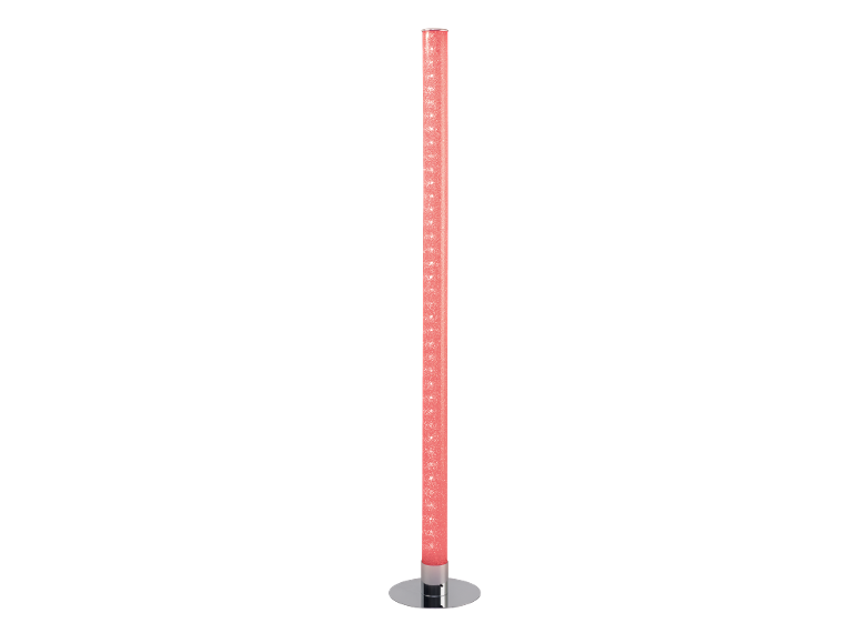 Hohe, zylindrische Blasenlampe mit rotem Leuchten und silbernem Sockel.