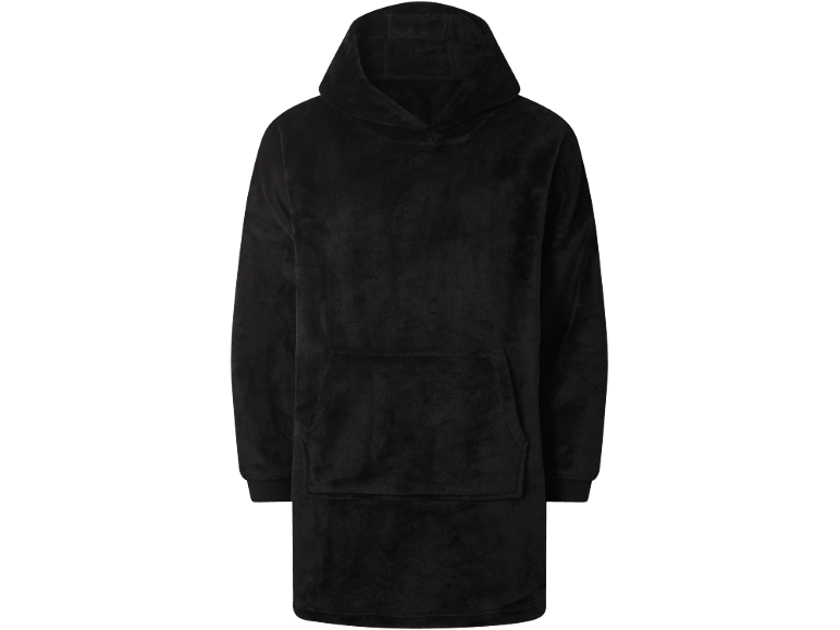 Schwarzer, langer Fleece-Hoodie mit Kängurutasche