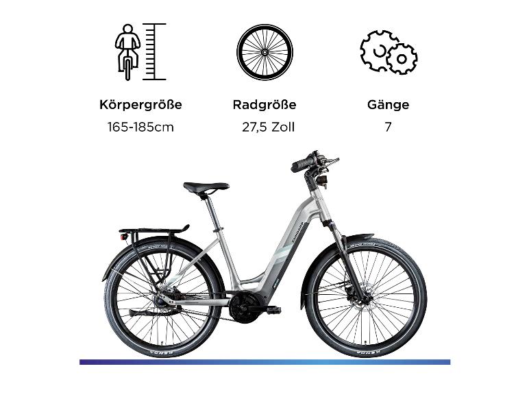 E-Bike mit Spezifikationen: Körpergröße 165-185cm, Radgröße 27,5 Zoll, 7 Gänge.