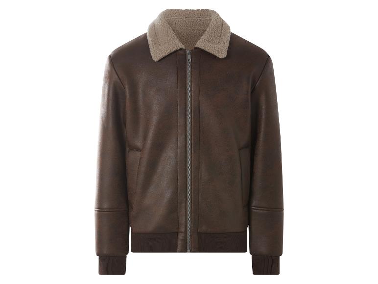 Braune Kunstlederjacke mit cremefarbenem Sherpa-Kragen und gerippten Bündchen.