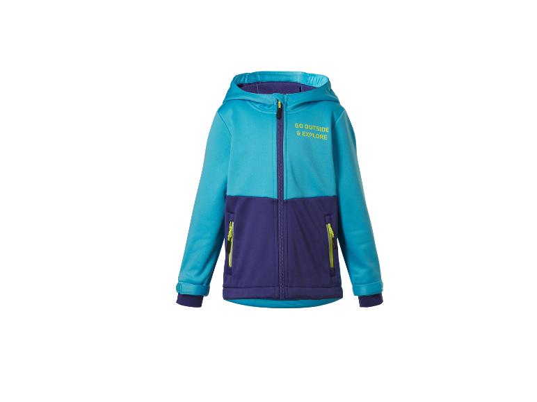 Zweifarbige Kinderjacke in Türkis und Lila mit dem Schriftzug „GO OUTSIDE & EXPLORE“.