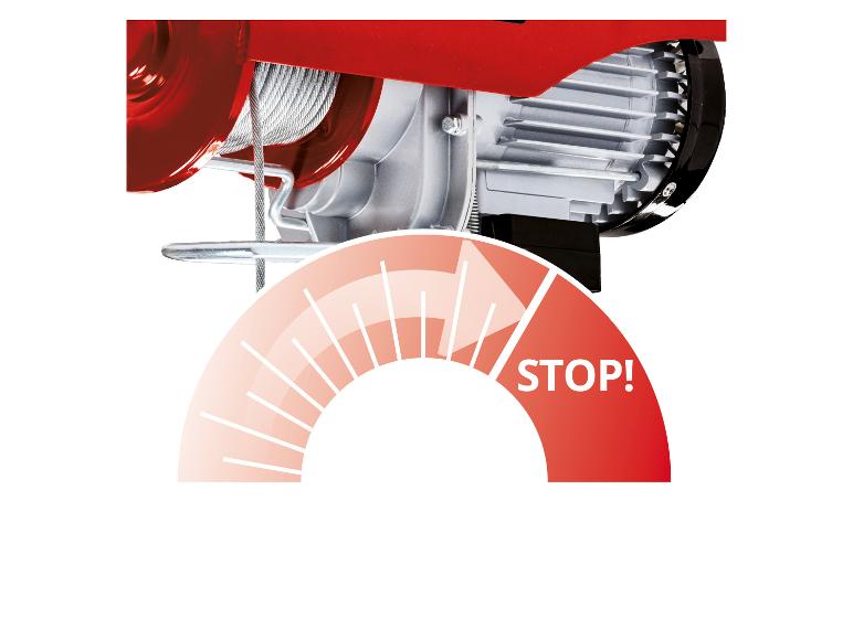 Nahaufnahme einer roten Winde mit Stahlseil und roter Stoppanzeige.