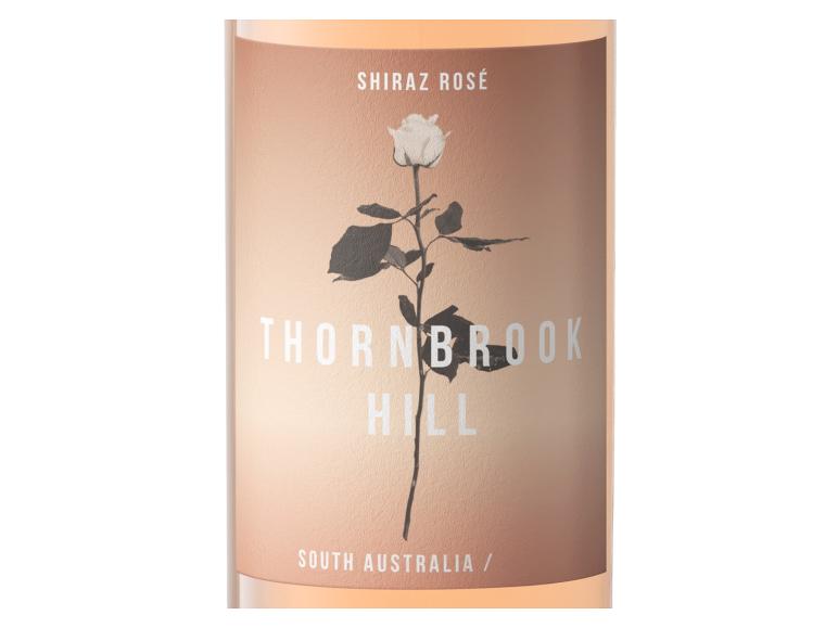 Roséweinflasche mit einer Rose und dem Text 'Shiraz Rosé Thornbrook Hill South Australia'.