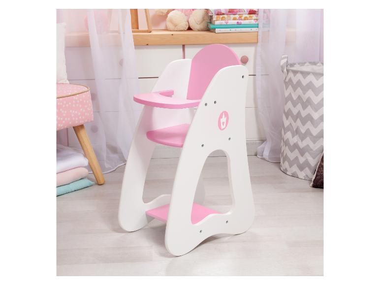 Weißer und rosa Holz-Puppenhochstuhl mit rosa Prinzessinnen-Logo.