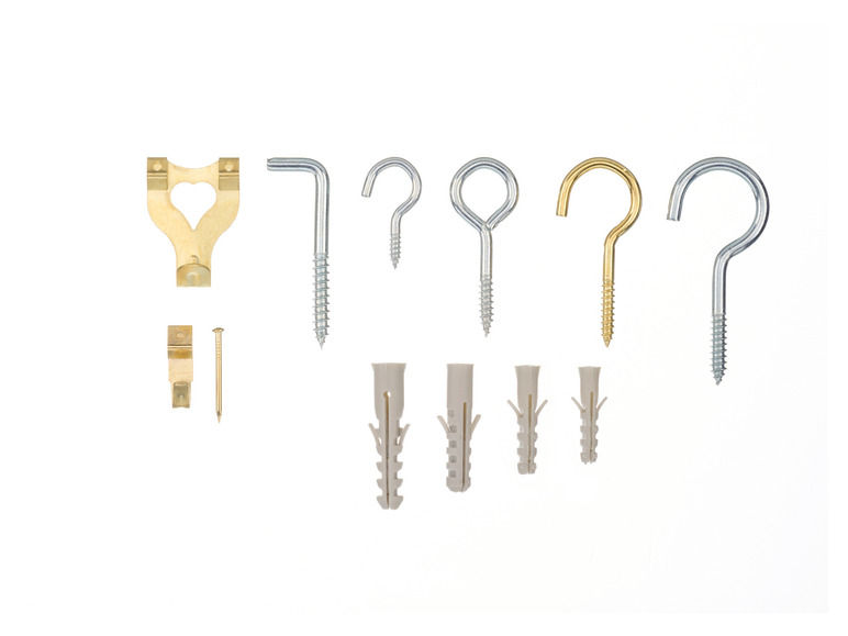 Haken, Schrauben, Dübel und ein Nagel zum Aufhängen von Gegenständen.