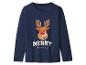 Dunkelblaues Langarmshirt mit einem Weihnachtsrentierkopf und dem Text „MERRY CHRISTMAS“