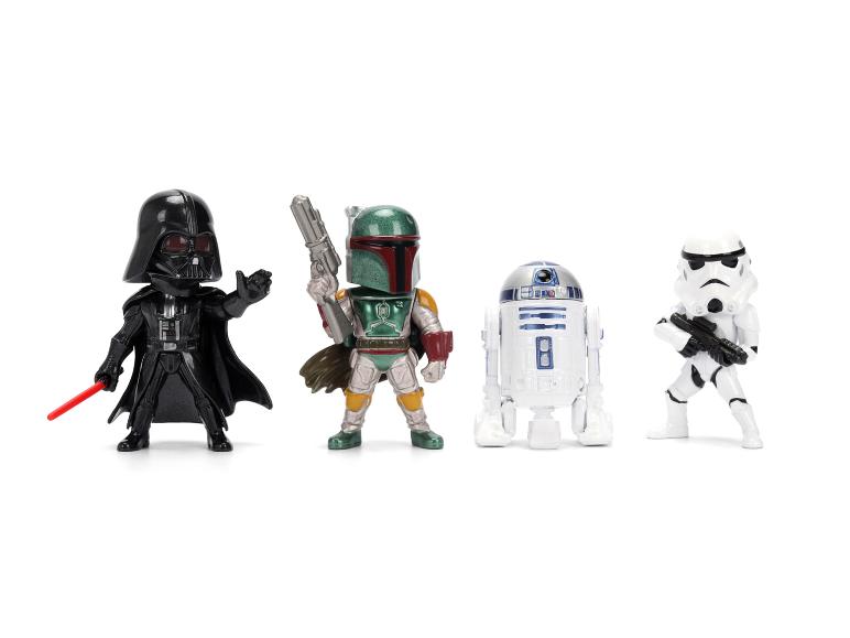 Vier Star Wars-Figuren: Darth Vader, Boba Fett, R2-D2 und ein Sturmtruppler.