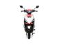 Rot-weißer Elektroroller mit schwarzen Details, Vorderansicht