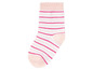 Eine rosa Socke mit rosa und weißen Streifen.