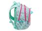 Türkiser Rucksack mit rosa Katzenkopfmustern und rosa Reißverschlüssen.