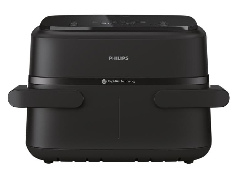 Schwarze Philips RapidAir Technology Heißluftfritteuse auf weißem Hintergrund.