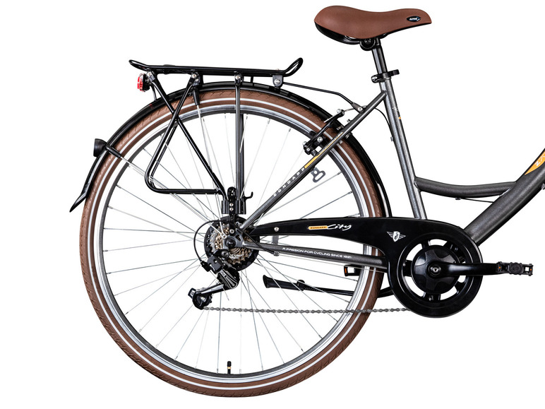 Hinterrad eines grauen Alpina City Fahrrads mit Gepäckträger.